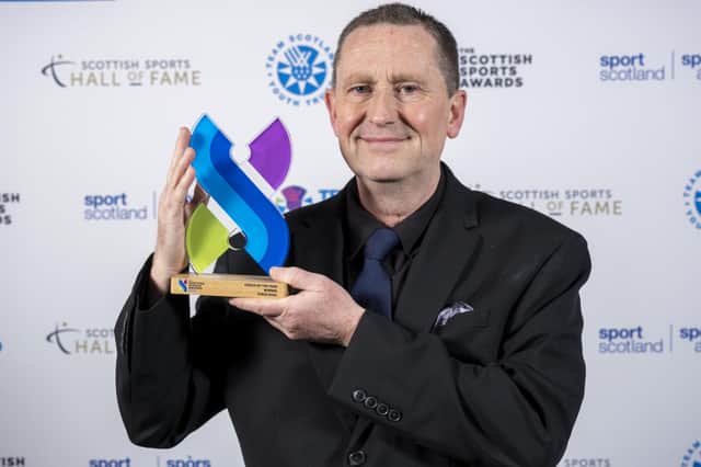 Steve Doig after receiving his Coach of the Year prize at the awards ceremony in Glasgow Science Centre (Pic by Peter Devlin/sportscotland)