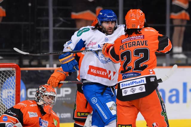 Chris Lawrence in action against Sheffield Steelers (Pic: Dean Woolley)