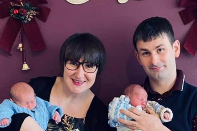 Siobhon Robertson and her partner David Gorman with their twin boys Arlo and Jenson.