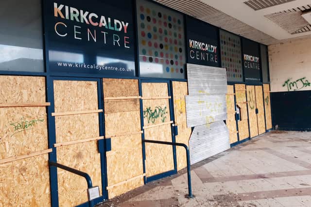 The boarded up entrance to the Kirkcaldy Centre, formerly The Postings Shopping Centre, which is now empty