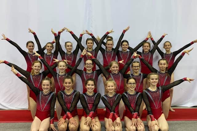 Pictured are members of Balwearie Gymnastics Club: (Top row left to right):  Maisie Robertson, Hannah McPherson, Amber Thomson, Taylor Duncan, Alice Clyne, Lucy Adams, Lucy burns, Alyssa Stewart. Middle row: Abbie Beveridge, Hannah Gibbons, Madison Younger, Mirren Paris, Lauren Adams, Charlotte Cameron. Bottom row: Ava Squire, Emily Wilson, Elizabeth Bain, Lyla Steel, Amber Gulley, Kristina Grubb.  Not pictured but who also competed: Isla Millar, Amelie Mitchell, Freya Scott, Katie Scott, Darcie Ward.
