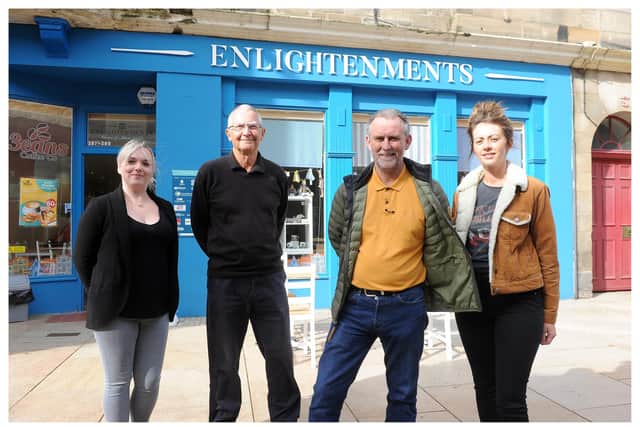 The Enlightenments hub  in Kirkcaldy's Merchants' Quarter. From left: Vicky Hutchison, retail manager, Iain Macdonald, trustee, Mike Lowe and Jade Paterson from 3Beans cafe. Pic: George McLuskie Photography.