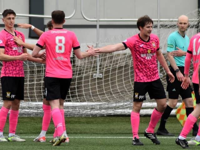 Liam Newton celebrates after scoring East Fife's opener against Forfar Athletic (Photo: Kenny Mackay)