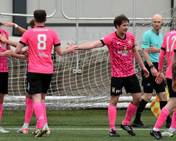 Liam Newton celebrates after scoring East Fife's opener against Forfar Athletic (Photo: Kenny Mackay)