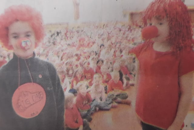 In 2007, Jordan Martin and Clara Stephenson at a Red Nose Day assembly at Kirkcaldy West Primary School in Kirkcaldy where £1600 was raised.