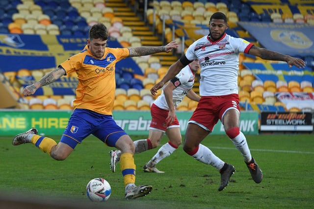 Mansfield's Andy Cook passes the ball while under pressure from Walsall's Zak Jules in October 2020's 0-0 draw.