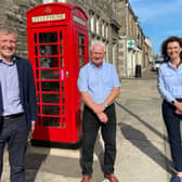 Pictured at Ladybank's re-painted red phone box are Willie Rennie MSP, Kevin McDaid (Ladybank Community Council chairman) and Wendy Chamberlain MP