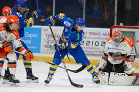 Max Humitz in action for Fife Flyers against Sheffield Steelers (Pic: Jillian McFarlane)