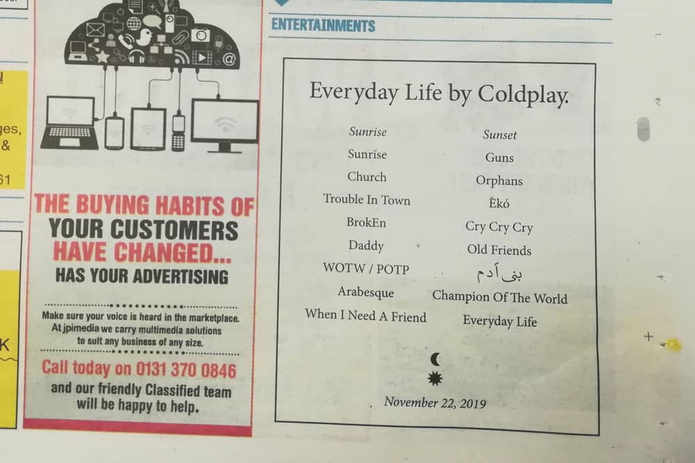 The advert placed by Coldplay in the Fife Free Press