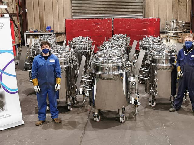 Investment in people, as well as the production of several high-specification vessels for a Covid-19 test kit maker, has helped the company bounce back strongly from a decrease in orders caused by lockdowns. Pictured are Stevie Clark (left) and Aaron Clark (right). Picture: Ross Waite