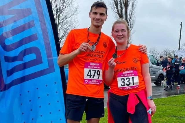 Calum Reid and Niamh Gibbons at the Newcastle Valentines 10k. Calum Reid achieved a 10k PB of 45:15, while Niamh Gibbons ran her first ever 10k race in 56:48.