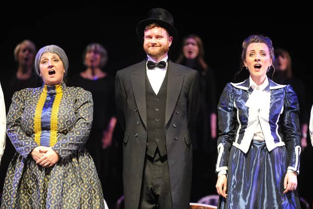 (From Left): Donna Hazelton as Margaret Carnegie, Joe Whiteman as Andrew Carnegie and Kim Shepherd as Louise Carnegie in Carnegie - The Star Spangled Scotchman. Pic: David Wardle.