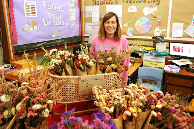 Audrey Wilson and her flowers at Kirkcaldy West Primary's festive event.