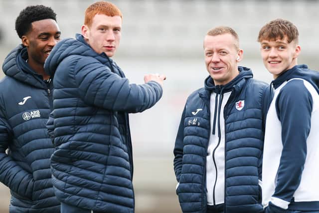 Callum Hannah (2nd left) shares laugh with Raith mates Paul Nsio, Scott Brown and Kai Montagu (Pic Roddy Scott/SNS Group)