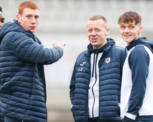 Callum Hannah (2nd left) shares laugh with Raith mates Paul Nsio, Scott Brown and Kai Montagu (Pic Roddy Scott/SNS Group)