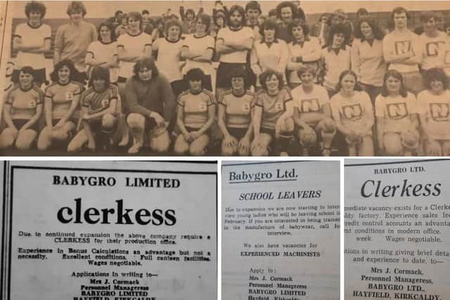 The factory's female football team, and jobs adverts from 1972 (Pics: Fife Free Press)