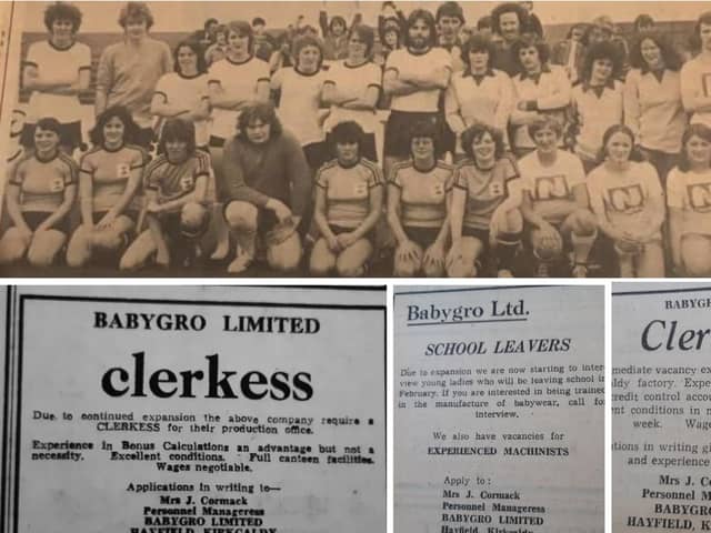 The factory's female football team, and jobs adverts from 1972 (Pics: Fife Free Press)