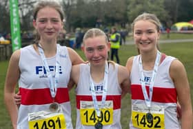 The Fife AC under 17 women's team finished second overall. Nellie Luxford (left), Eliza Konig (centre) and Katie Sandilands (right) won Scottish Athletics team silver. (Pic Bill Duff)