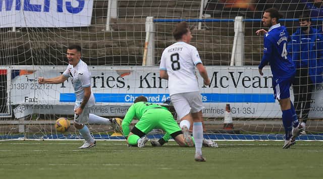 Dan Armstrong celebrates scoring against Queen of the South for Raith Rovers. Photo: Colin Johnstone