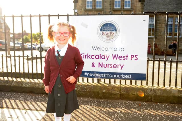 Abby Kirsty Crawford, age 4, on her first day at Kirkcaldy West Primary School. Pic: Fife Photo Agency