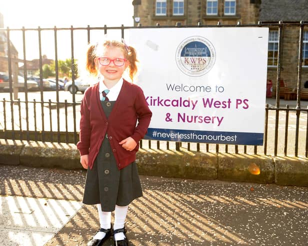 Abby Kirsty Crawford, age 4, on her first day at Kirkcaldy West Primary School. Pic: Fife Photo Agency