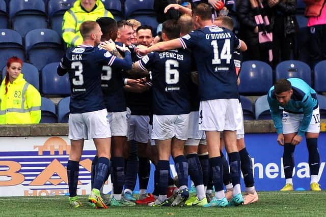 Kyle Connell being congratulated by team-mates after scoring for Raith Rovers against Partick Thistle (Pic: Fife Photo Agency)
