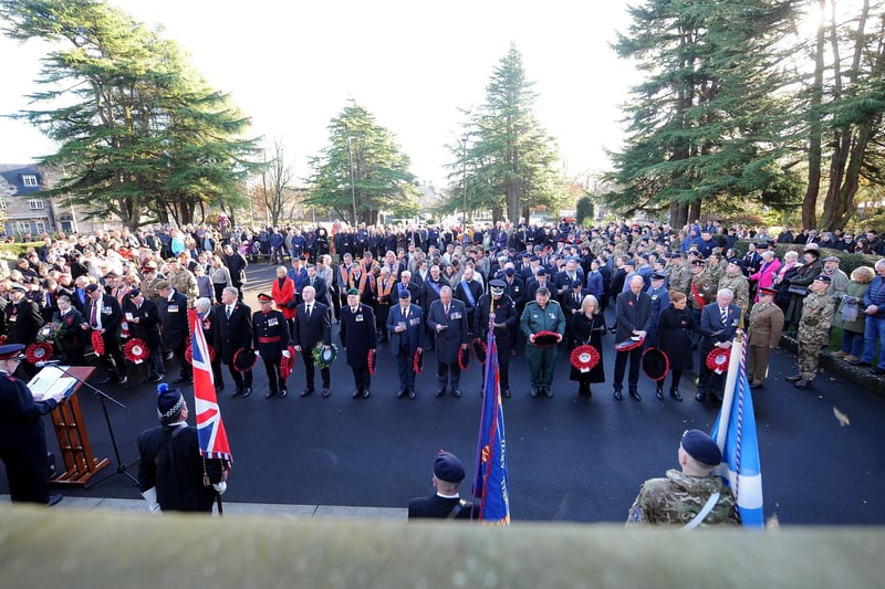 Dignitaries and representatives from the services and many local groups muster at the war memorial