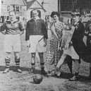 The Ministers v Bankers football match at Stark’s Park was set in motion by local worthy Jimmy Gooseberry, appropriately dressed for the occasion, Also pictured are the Lang Toun Lad and Lass, referee Harry Colville and the team captains.