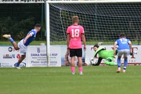 East Fife goalkeeper Allan Fleming making one of two penalty saves from Stranraer forward Ben Armour (Pic: Kenny Mackay)