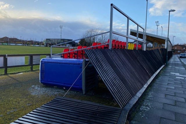 Damage to the stand at Hebburn Town FC's ground following the impact of Storm Arwen.