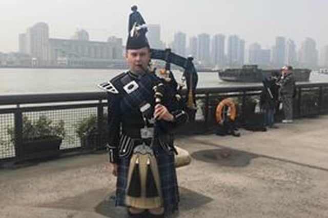 Piper Conner Pratt, who plays for the Royal Edinburgh Military Tattoo house band, The Piper’s Trail, has been performing for residents in Fife care homes along with members of Glenrothes and District Pipe Band.