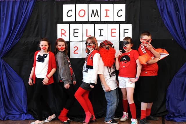 p7 pupils Heather Provan, Jordan Hamilton, Annie Simpson, Scott Anderson, Gillian Ness and Jack Smith of Sinclairtown Primary take part in Comic Relief activities in 2011.