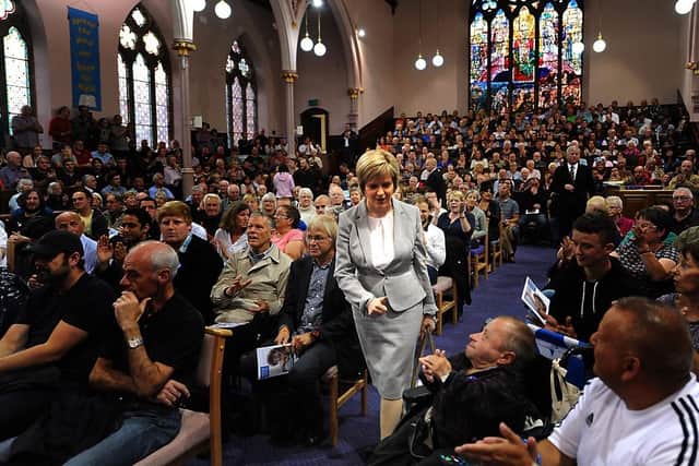 Nicola Sturgeon arrives at a packed St Bryce Kirk, Kirkcaldy, for a rally during the independence campaign (Pic: Fife Photo Agency)