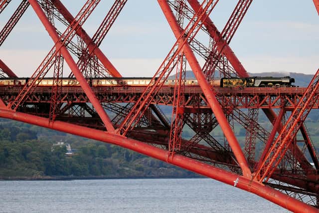 Flying Scotsman returning from Fife. Crossing the Forth Bridge from North Queensferry to South Queensferry on its journey back to Edinburgh. Pic: Michael Gillen.