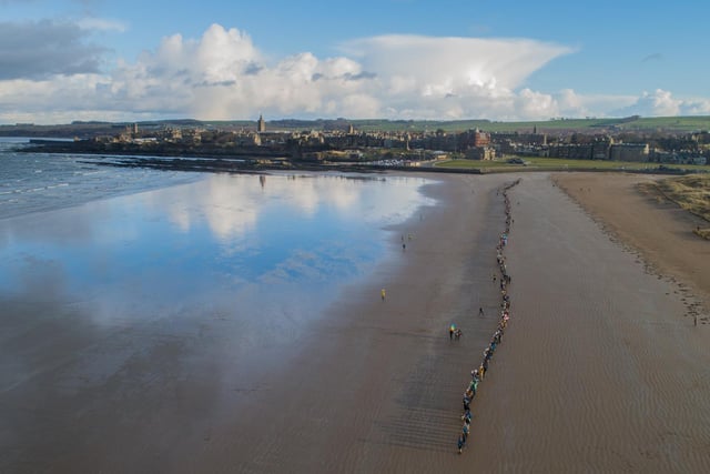 A view of the human line in the sand looking towards the town. Ukrainian MP Lesia Vasylenko has thanked the people of St Andrews for their show of solidarity.