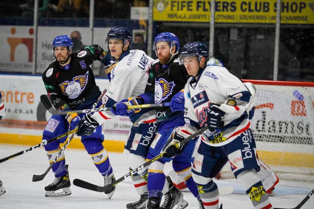 Bari McKenzie and James Isaacs in the thick of the action for Fife Flyers (Pic: Jillian Mc Farlane)