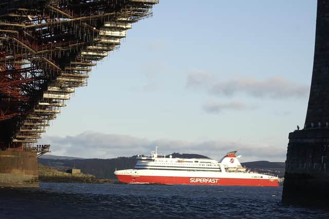 The original Superfast Ferry sails under the Forth Rail Bridge (Pic: Rob McDougall/TSPL)