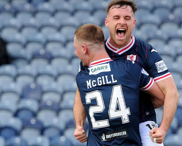 Lewis Vaughan celebrating with Scott McGill after scoring one of his two goals for Raith Rovers against Cove Rangers at Kirkcaldy's Stark's Park on Saturday (Pic: Fife Photo Agency)