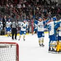 Fife Flyers celebrate a huge win in Wales after a penalty shoot out against Cardiff Devils (Pic: James Assinder)