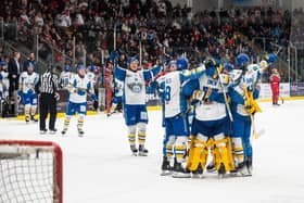 Fife Flyers celebrate a huge win in Wales after a penalty shoot out against Cardiff Devils (Pic: James Assinder)