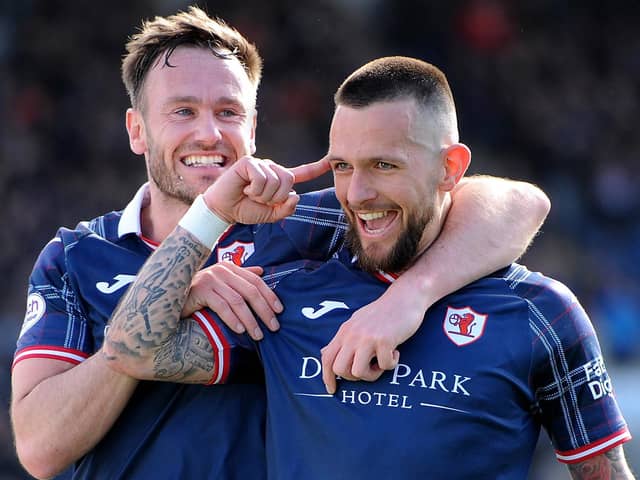 Dylan Easton (right) celebrates Raith goal with team-mate Keith Watson (Pic FPA)