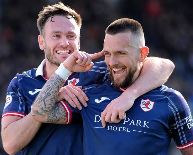 Dylan Easton (right) celebrates Raith goal with team-mate Keith Watson (Pic FPA)