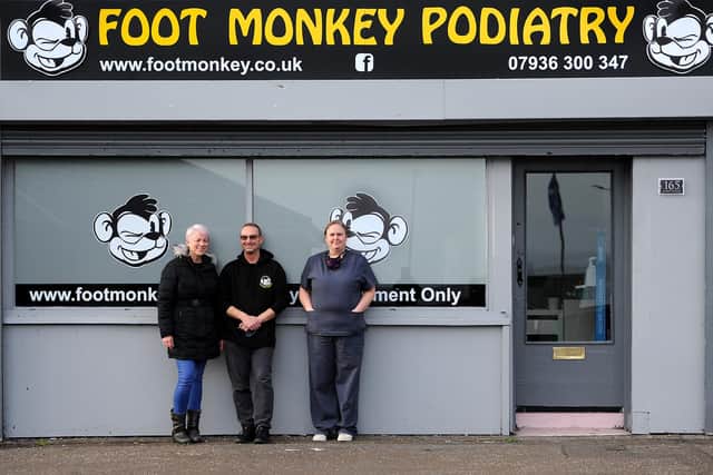 Foot Monkey Podiatry is now based in Links Street, Kirkcaldy. Pictured is: Gwyn's wife Roxanne Malcolm (receptionist), Gwyn Malcolm and podiatrist Linda McCallum. Pic: Fife Photo Agency