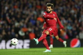 Mo Salah shoots at goal during 7-1 Liverpool win at Rangers (Pic by Ian MacNicol/Getty Images)