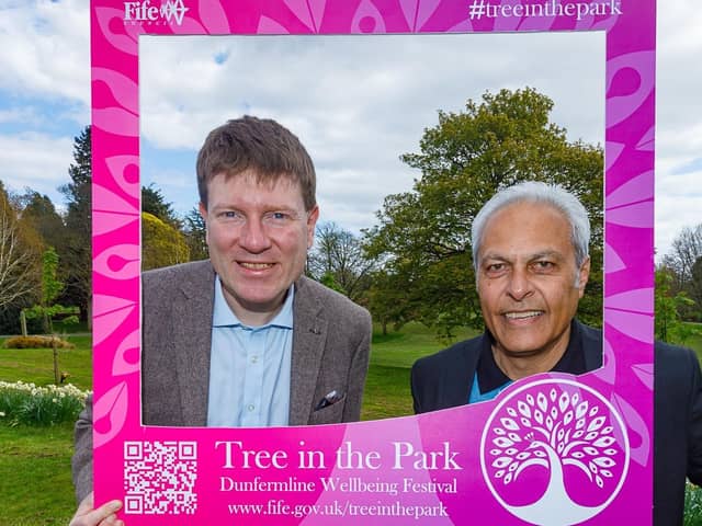 Cllr James Calder and Sunil Varu, economic adviser, promoting Tree in the Park in Pittencrieff Park, Dunfermline (Pic: Submitted)