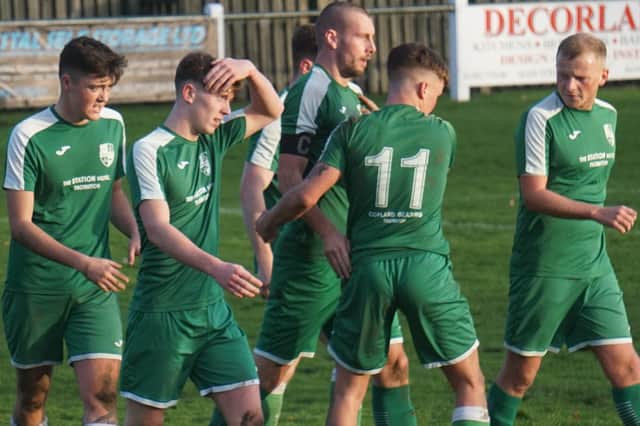 Thornton Hibs players celebrate scoring in 6-2 home win over Ormiston Primrose in rearranged game played on November 25