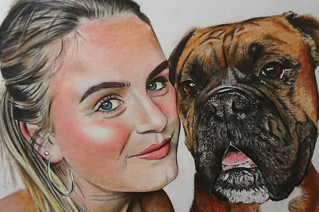 Another intricate drawing of a lady and her dog.