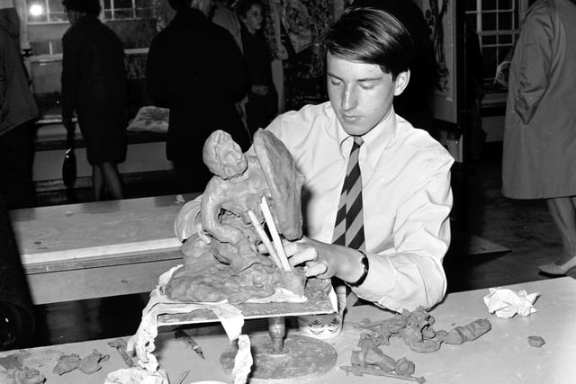 Burton Shaw with his clay model at the annual school fair in Kirkcaldy High School in June 1971.