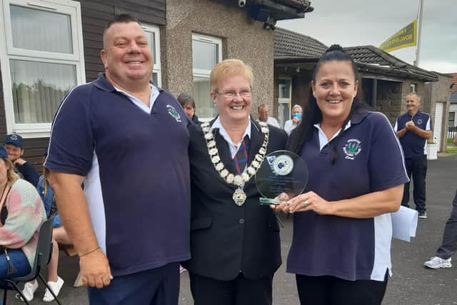 Grant and Coral Gifford with Bowls Scotland ladies president Margaret Halliday