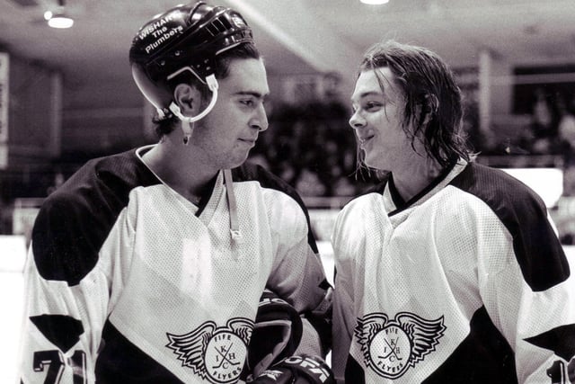Fife Flyers - import forward Josh Boni (left) and Craig Wilson on the ice after a game in 1994 (Pic: John Hutton)
